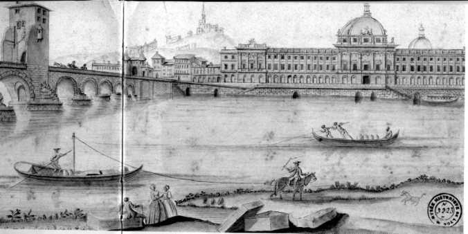 L'Hôtel-Dieu de Lyon et le pont de la Guillotière à la fin du XVIIIe siècle. Aquarelle anonyme.
